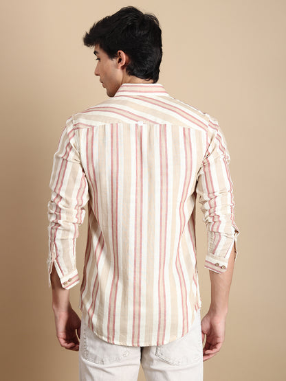 BEIGE STRIPES LINEN SLIM FIT SHIRT