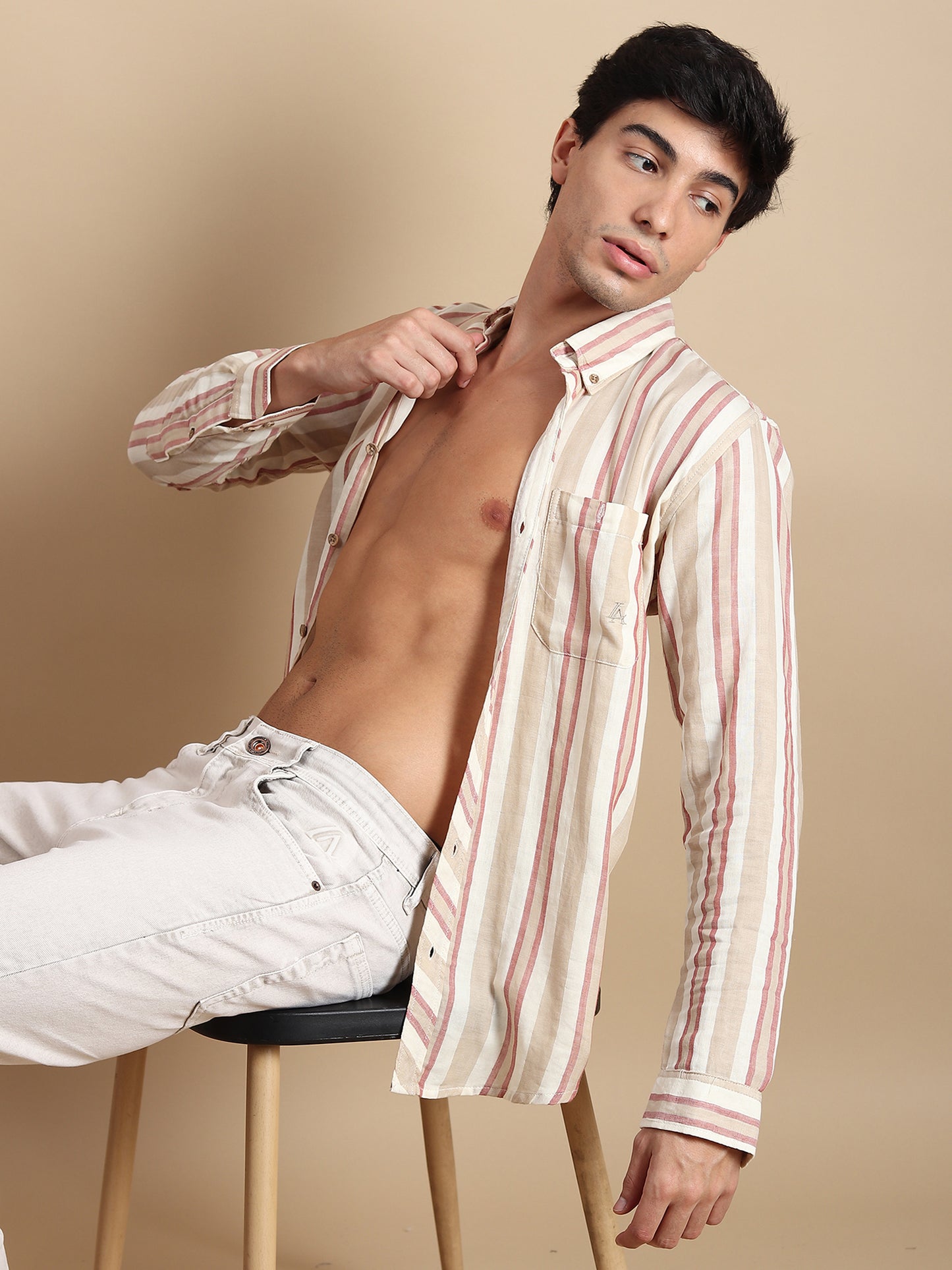 BEIGE STRIPES LINEN SLIM FIT SHIRT