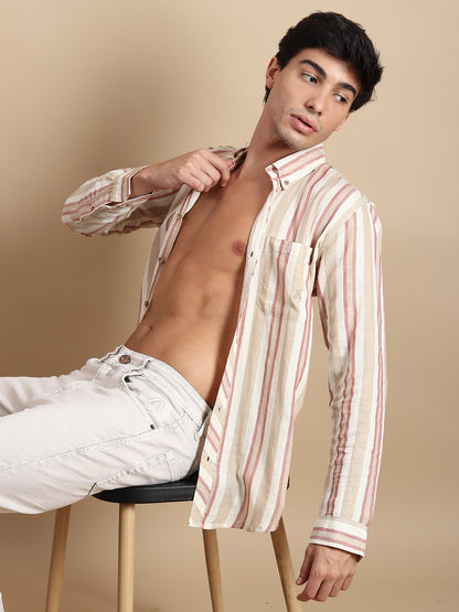 BEIGE STRIPES LINEN SLIM FIT SHIRT