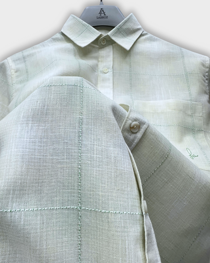 Men's Slim Fit Checkered Soft Green Linen Shirt