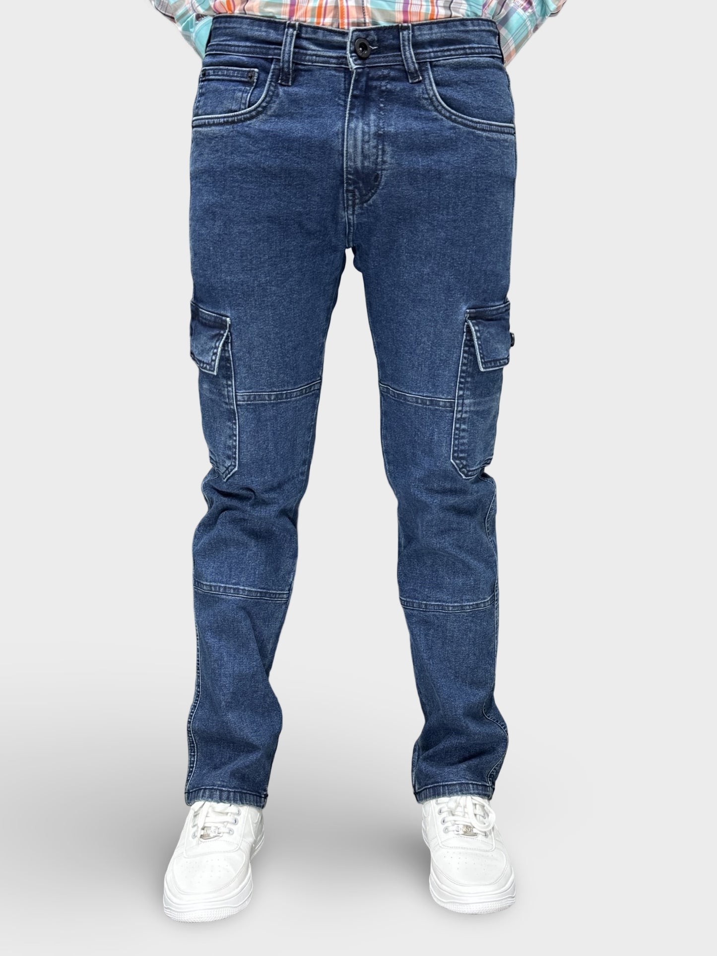 MID BLUE COMFORT FIT DENIM CARGO PANTS