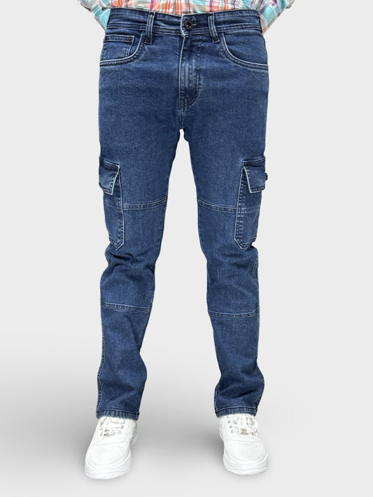 MID BLUE COMFORT FIT DENIM CARGO PANTS