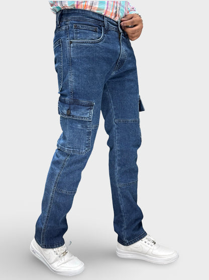 MID BLUE COMFORT FIT DENIM CARGO PANTS