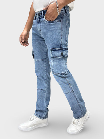 ICE BLUE COMFORT FIT DENIM CARGO PANTS