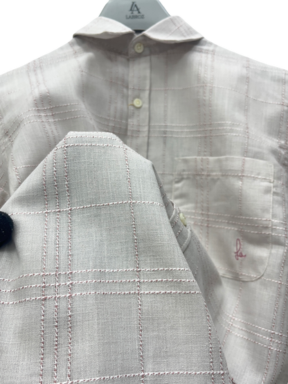 Men's Slim Fit Checkered Off White Linen Shirt